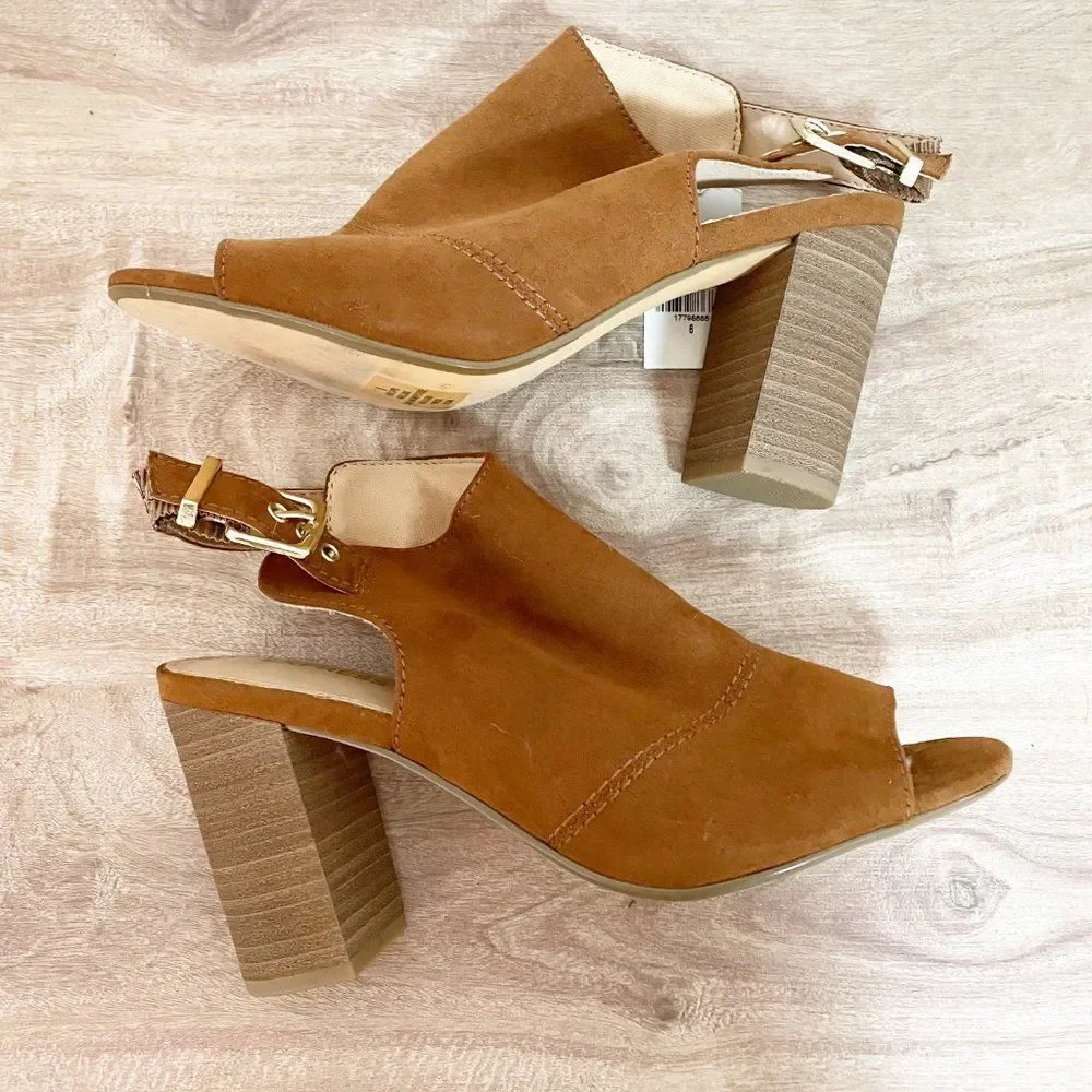 Express Tan Camel Brown Peep Almond Toe Ankle Buckle Block Heel 6